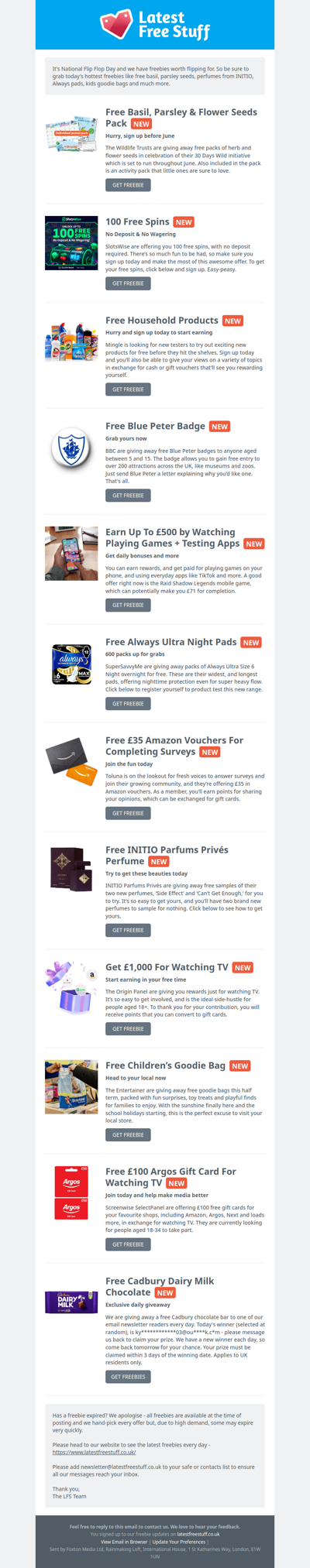 Free Flower Seeds, INITIO Perfume, Always Pads & More