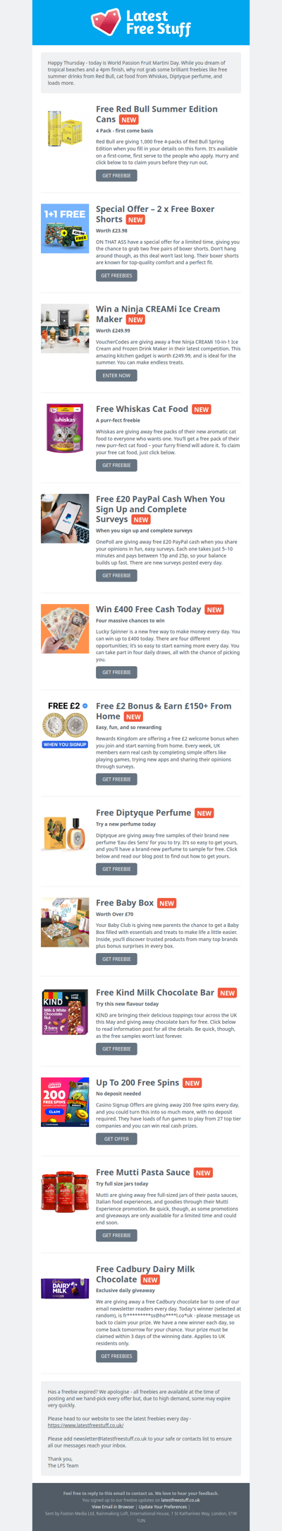 Free Red Bull Cans, Whiskas Cat Food, Diptyque Perfume & More