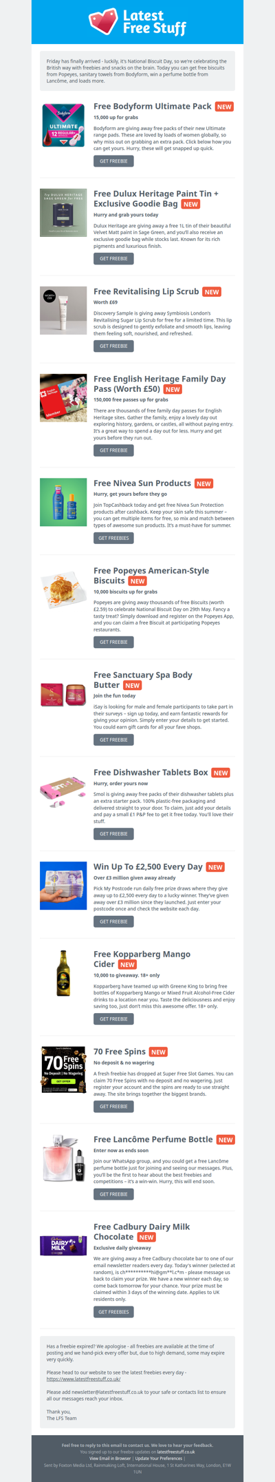 Free Bodyform Packs, Popeyes Biscuits, Lancôme Perfume Bottle & More