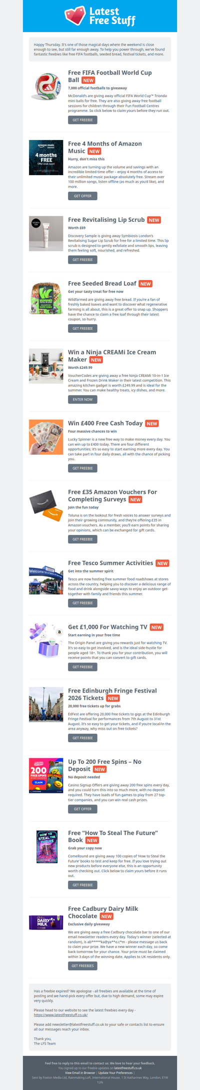 Free FIFA Footballs, Seeded Bread, Fringe Festival Tickets & More
