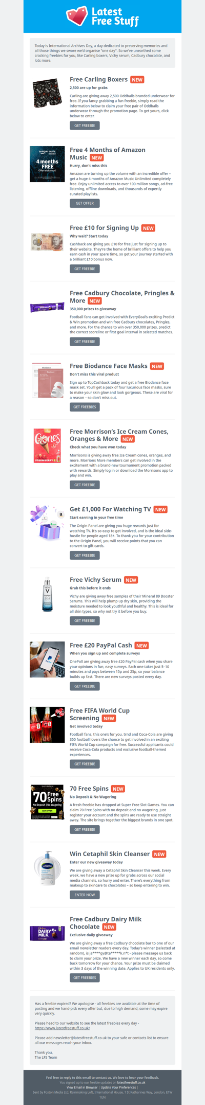 Free Carling Boxers, Vichy Serum, Cadbury Chocolate & More