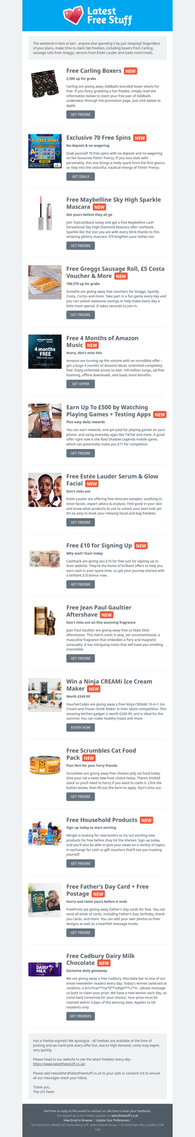Free Carling Boxers, Greggs Sausage Rolls, Estée Lauder Serum & More
