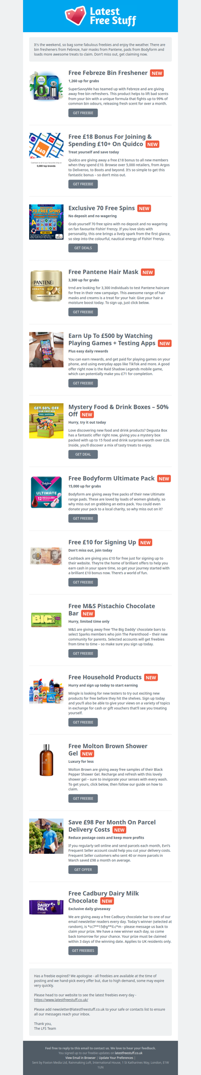 Free Febreze Bin Freshener, Pantene Hair Mask, Bodyform Pads & More