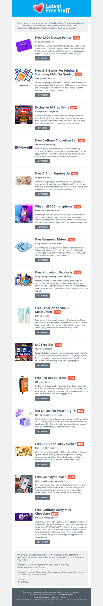 Free 1,000 Nectar Points, Cadbury Chocolate Bar, Women's Sliders & More