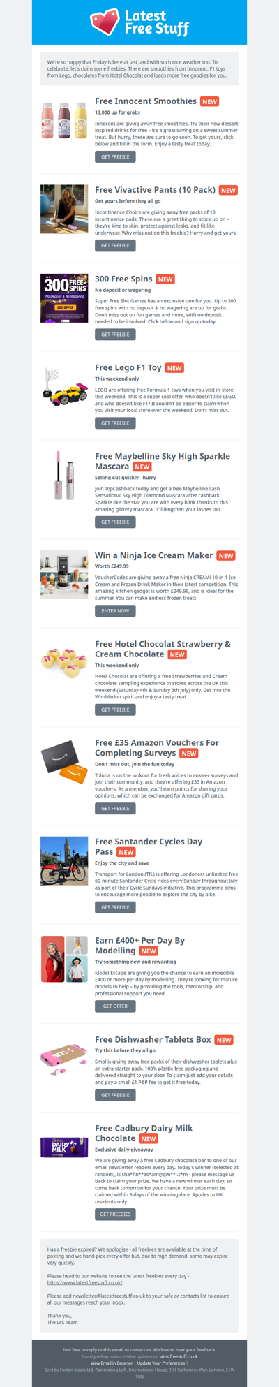 Free Innocent Smoothies, Lego F1 Toy, Hotel Chocolat Chocolates & More
