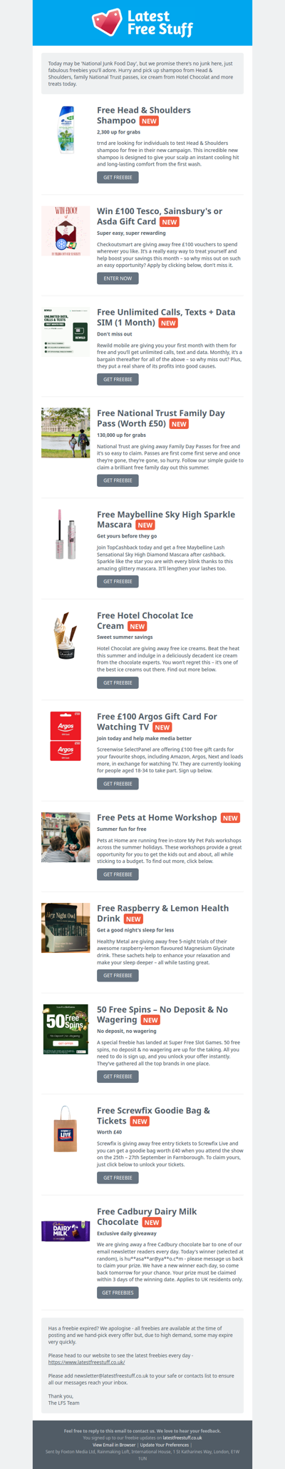 Free Head & Shoulders Shampoo, National Trust Pass, Hotel Chocolat Ice Cream & More