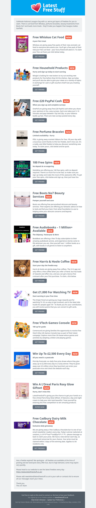 Free Whiskas Cat Food, Perfume Bracelets, No7 Beauty Treatments & More