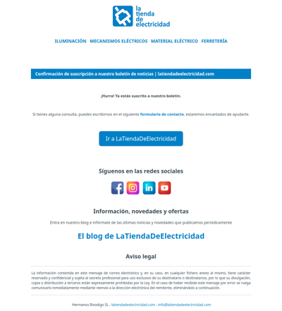 [latiendadeelectricidad.com] Confirmación de la suscripción a nuestro Boletín de noticias