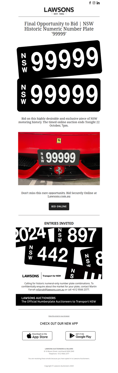 Auction Reminder : NSW Number Plate '99999' Closing Tonight