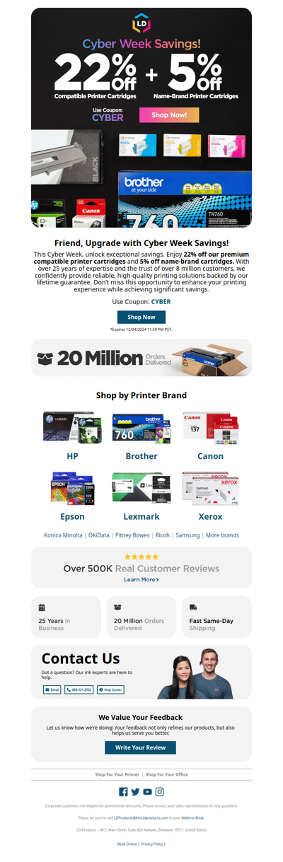 Save Big: 22% Off Printer Cartridges for Cyber Week!