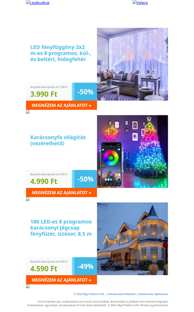 Csak ma: LED fényfüggöny 2x2 m-es 8 programos, kül-, és beltéri, hidegfehér 3.990 Ft | Karácsonyfa világítás (vezérelhető) 4.990 Ft