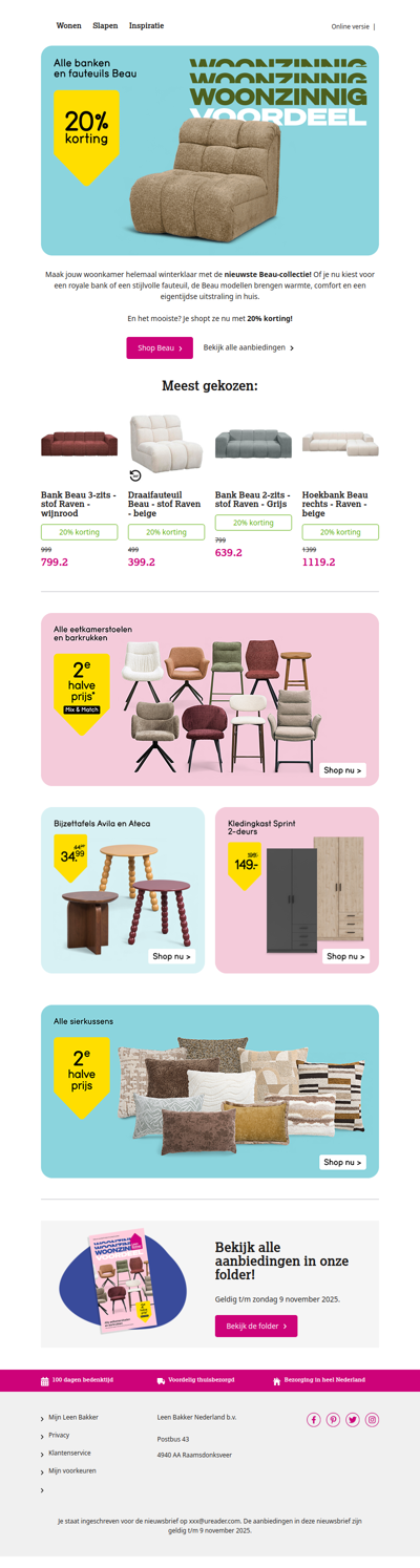 20% korting op alle Beau banken en fauteuils!