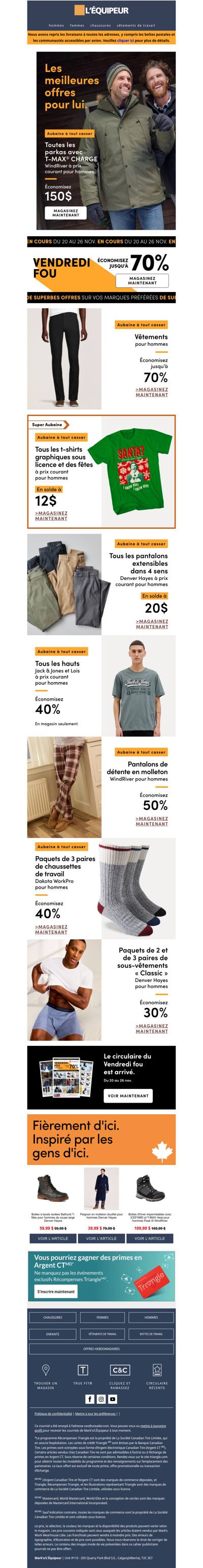 Les meilleures offres sur les vêtements pour hommes, parkas, chaussettes et sous-vêtements.