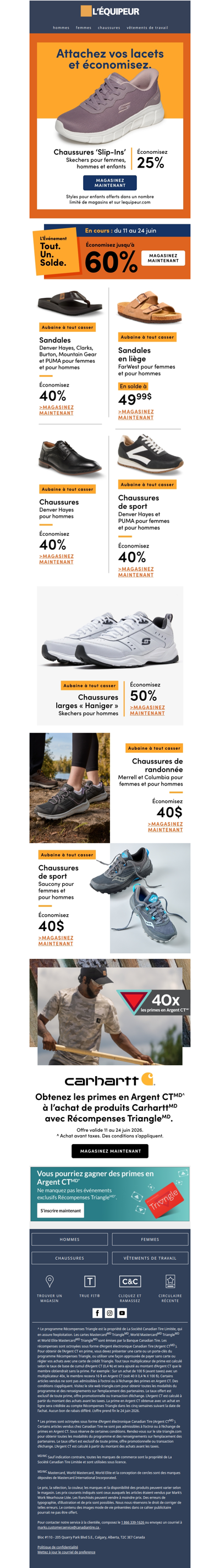 Magasinez les aubaines sur Skechers, PUMA, Merrell, Columbia et Saucony 👟