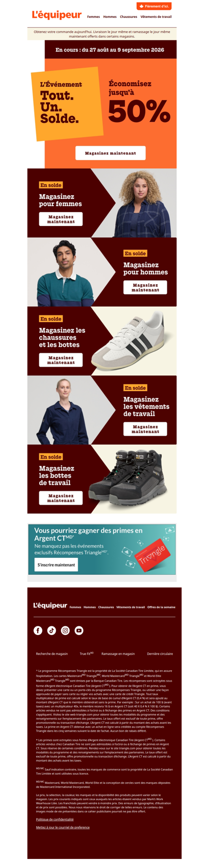 Économisez jusqu’à 50 % sur les vêtements, les chaussures et les vêtements de travail pour femmes et hommes