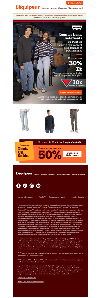 Économisez 30 % sur les jeans, vêtements et vestes Levi’s® et obtenez 30 fois la prime Récompenses Triangle