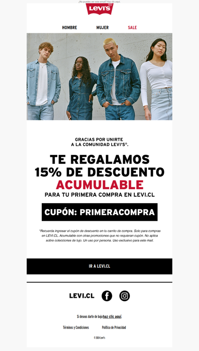 ¡Bienvenido a la Comunidad Levi's! 😎 Aquí tienes tu cupón