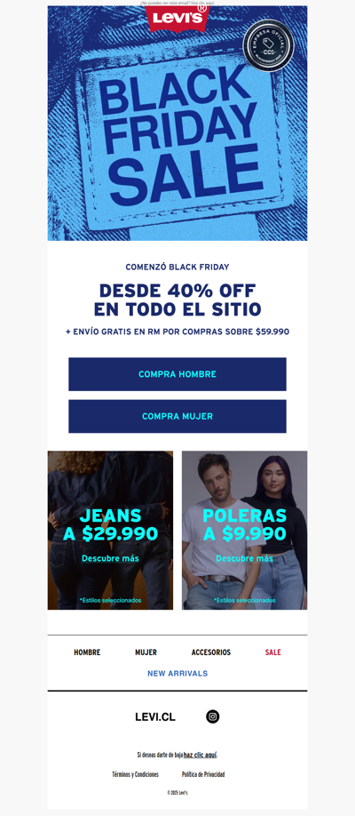 🚨¡Es Black Friday Levi's! 🔥 Todo el sitio desde 40% OFF
