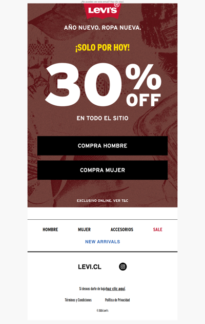 Año nuevo, ropa nueva 🎉 30% OFF en todo Levi's ¡solo hoy!