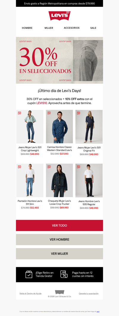 ⏰ ¡Últimas horas de Levi's Days! 30% OFF + 10% EXTRA