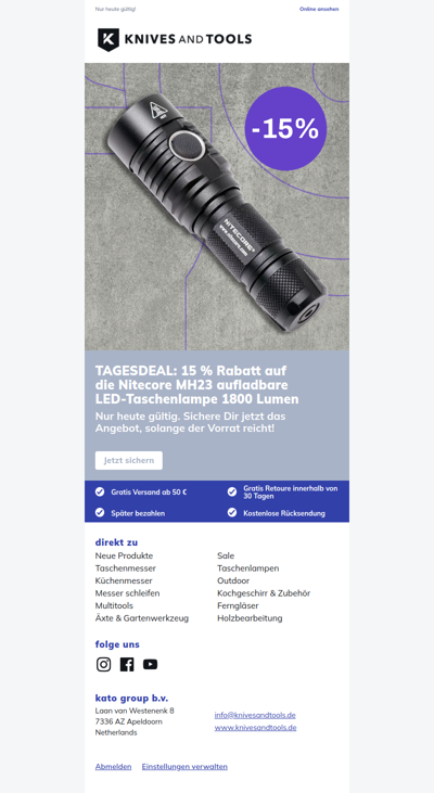 TAGESDEAL: 15 % Rabatt auf die Nitecore MH23 aufladbare LED-Taschenlampe 1800 Lumen