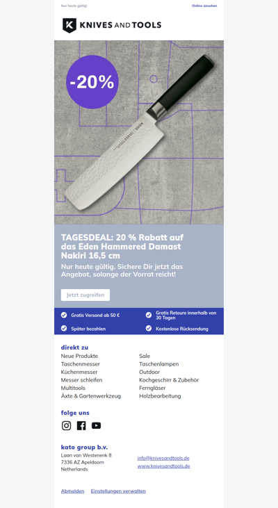 TAGESDEAL: 20 % Rabatt auf das Eden Hammered Damast Nakiri 16,5 cm