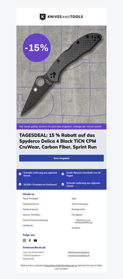 TAGESDEAL: 15 % Rabatt auf das Spyderco Delica 4 Black TiCN CPM CruWear, Carbon Fiber, Sprint Run