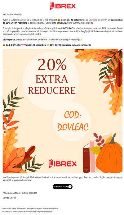 🎃 Cod secret de 20% EXTRA reducere doar azi pe Librex!