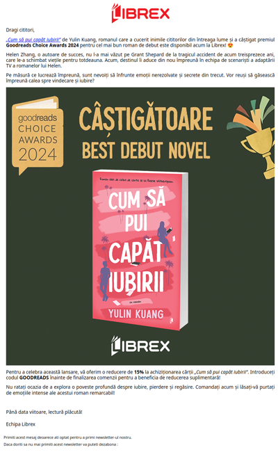 🏆 „Cum să pui capăt iubirii” - câștigătoarea premiului Goodreads Choice Awards 2024 este disponibilă la Librex!