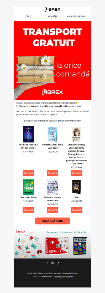 Te bucuri de TRANSPORT GRATUIT la orice comandă! 🎁