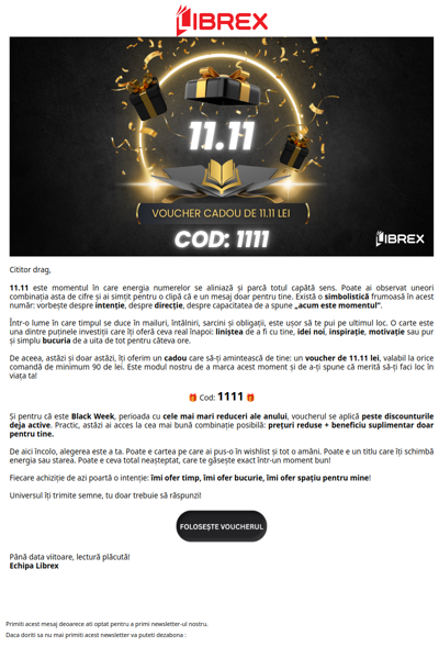 S-a deschis portalul 11.11! 🖤 Voucherul tău de 11.11 lei te așteaptă!