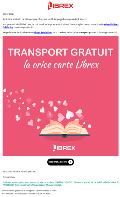 🚚 Transportul GRATUIT este activ! Orice carte Librex vine gratis la tine! 📚
