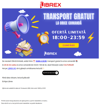 Surpriză LIMITATĂ ⚡️ 18:00-23:59 Transport gratuit la TOT + 20 de lei cadou
