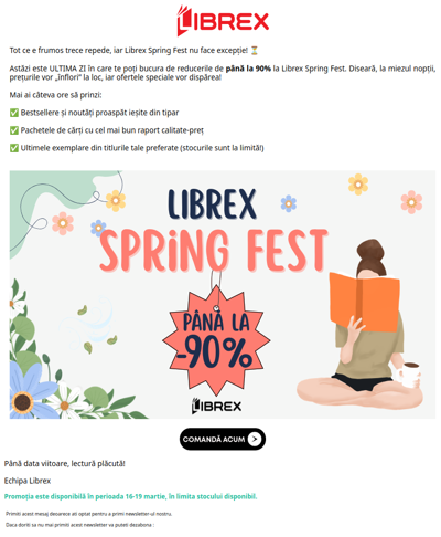 ⚠️ ULTIMELE ORE: Librex Spring Fest se închide la miezul nopții!