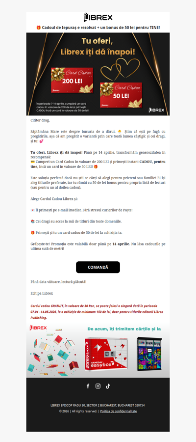 Cumpără un card cadou Librex și primești GRATUIT încă un card cadou 🎁