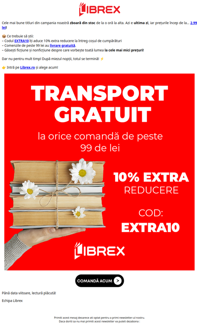 ⏰ Grăbește-te! Azi e ultima zi. Cărți de la 2.99 lei + EXTRA10 🎁