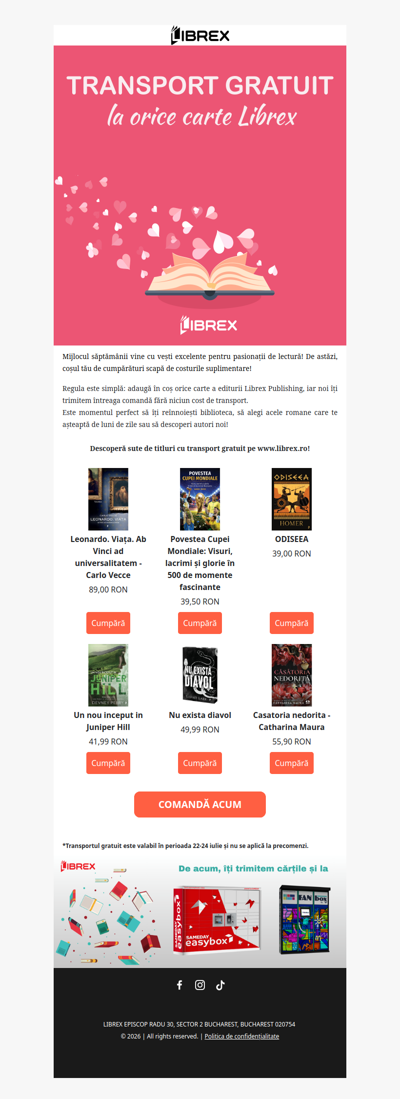 Azi ai TRANSPORT GRATUIT la orice carte Librex! 🎁