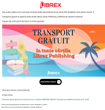 ⏳ Ultima zi! Transportul GRATUIT la cărțile Librex expiră la miezul nopții