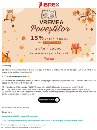 🦉 E vremea poveștilor! 🧡 15% extra + 2 cărți cadou 🎁