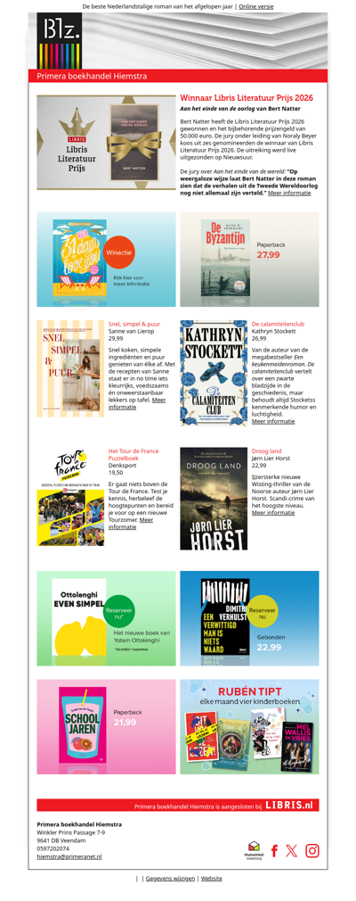 Bert Natter wint de Libris Literatuur Prijs 2026 | Nieuwe boeken in de boekhandel