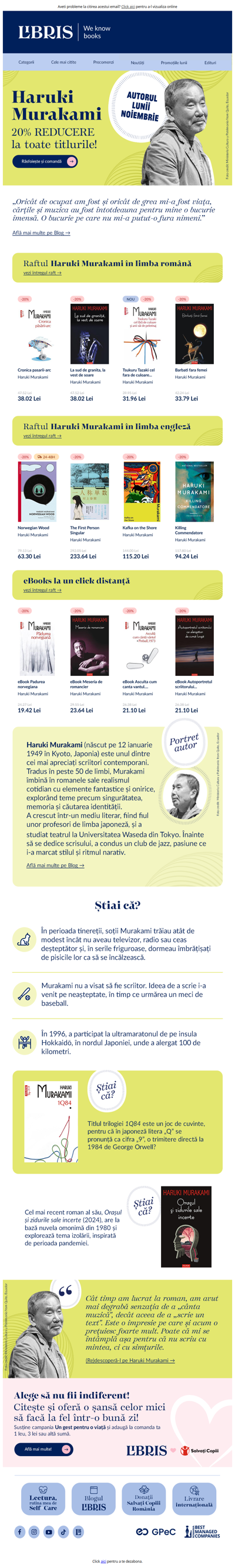 🎷Haruki Murakami, autorul lunii noiembrie!🐈 Ai -20% la toate titlurile autorului!