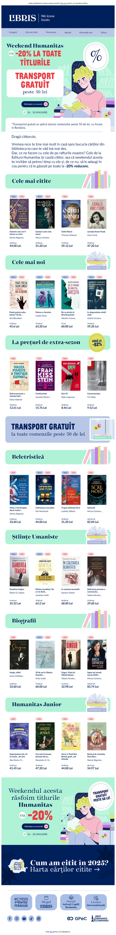 📚 -20% la titlurile Humanitas și Transport GRATUIT peste 50 de lei 🚚