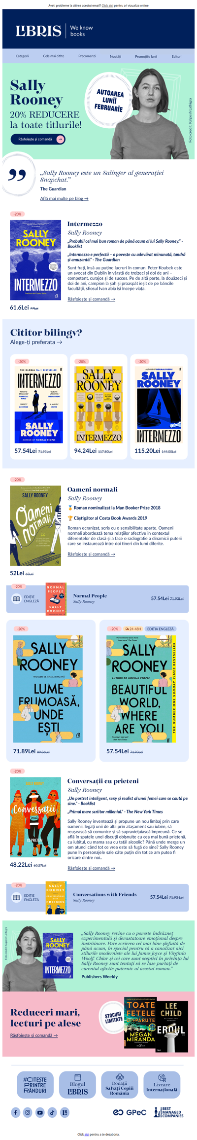 Sally Rooney, autoarea lunii februarie 🎊 20% reducere la rafturile autoarei!