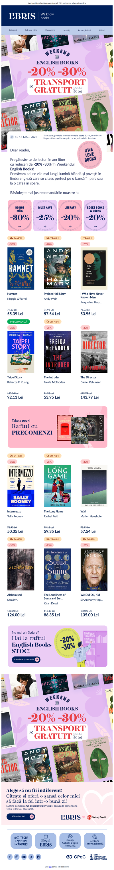 ⏰English Weekend -20%-30% cu 🪂Transport GRATUIT peste peste 50 lei!