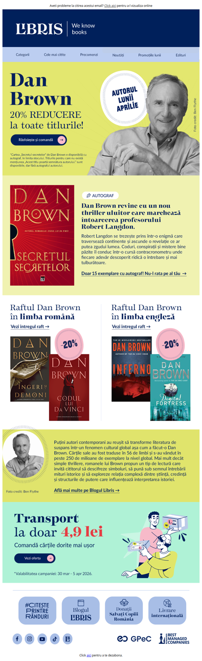 🔎Dan Brown, autorul lunii aprilie! Ai -20% la toate titlurile autorului! 🎊