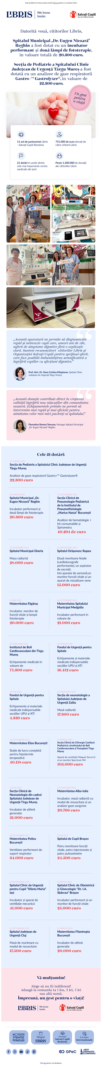 💌Vă mulțumim! Datorită vouă, Spitalele din Reghin și Târgu Mureș au fost dotate cu aparatură medicală de ultimă generație.💙