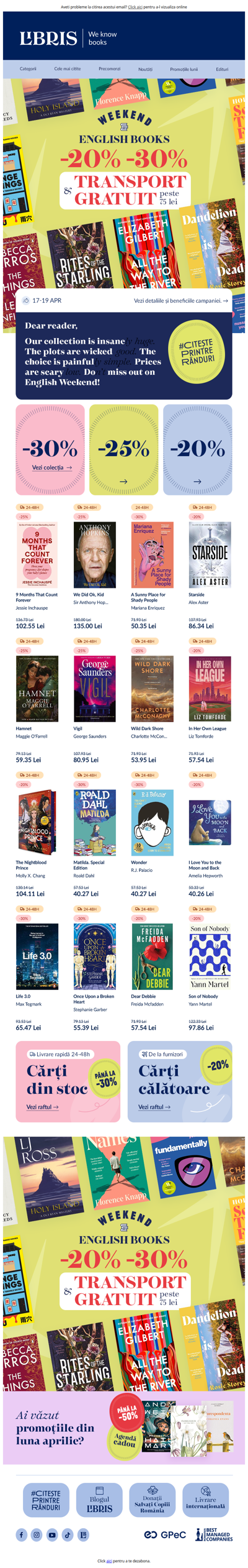 REDUCERI și TRANSPORT GRATUIT peste 75 lei!🚚 Nu rata English Weekend!🥳