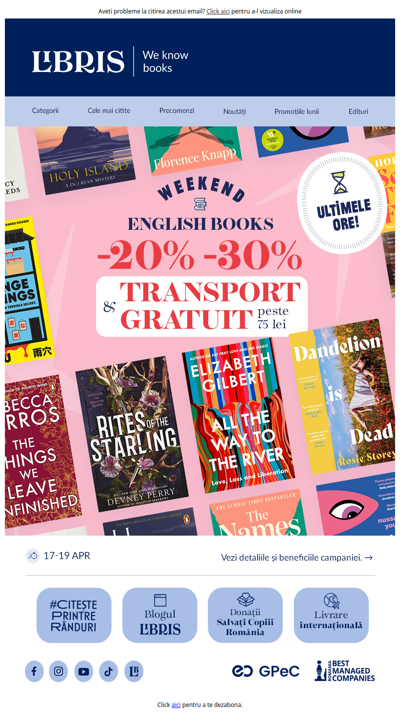 Transport Gratuit* și până la -30％ în English Weekend🔥Ultimele ore!⌛