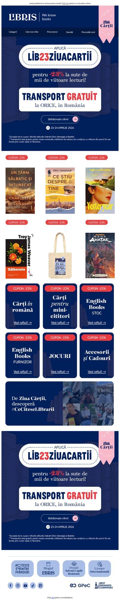 🤩CUPON -23% șiii Transport GRATUIT de 💙Ziua Cărții!