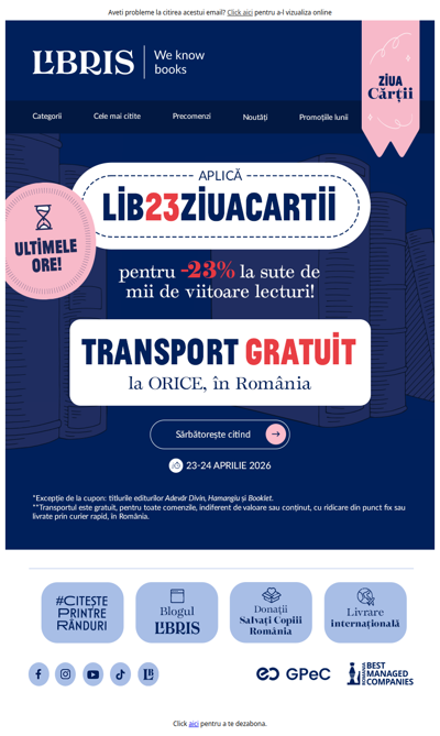📢Cupon ACTIV -23% și Transport GRATUIT de 💙Ziua Cărții!